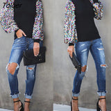 Women Blouses 2020 Fashion Women Autumn Winter Mock Neck Sequins Patchwork Long Puff Sleeve Blouse Shirt