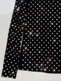 Fashion Women's T-Shirt Sexy Slim High Neck Long Sleeve Rhinestones Diamond Black Hollow Out Tops Autumn 2023 New