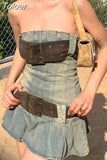 Vintage Y2k Strapless Denim Dress Women Summer Bodycon Sexy Korean Fashion Kpop Belt Pleated Mini Dress 2000s
