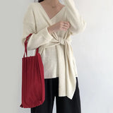Korean Style Chic New Women Elegant V-Neck Bandage Long Sleeve Sweater Female Loose Casual Knitwear Female Fashion Knitted
