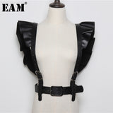 Pu Leather Black Buckle Ruffles Split Joint Wide Belt Personality Women New Fashion Tide All-match Spring 2022