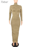 Brown Blue Solid Simple Pleated Maxi Dress Women Turtleneck Full Sleeve Bodycon Dresses Casual Body-shaping Party