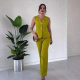 Women's Temperament Elegant Solid Color V-Neck Sleeveless Vest High-Rise Broad Leg Trousers