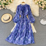Autumn Women Printed Long Dress Vintage Ruffle Stand Collar Puff Sleeve High Waist Elegant Maxi Robe Female Big Swing