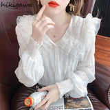 Blouse for Women Sweet Peter Pan Collar Long Sleeve White Shirts Lace Ruffles Chiffon Tops 2023 Blusas Mujer De
