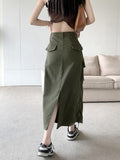Grunge Cargo Skirt Long Women Acubi Fashion High Waist Drawstring Vintage Y2k Pocket Patchwork A-line Skirt