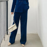 Wide Leg Pants Velvet Two Piece Suit New Lapel Long Sleeve Blue Loose Fit Women Fashion Tide Spring Autumn 2023