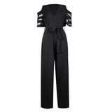 Women Sexy Off The Shoulder Wide Leg Jumpsuit Summer V Neck Loose Jumpsuits Elegant Office Lady Belt Vetidos Mujer