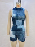 Toloer Summer New Casual Sleeveless Denim Print Waist And Hip Jumptop Jumpsuit-Outfit
