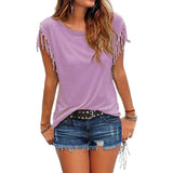 Short Sleeve Tassel Fashion T-shirt Woman Simple Crew Neck Basic Tops 2021 New Leisure Ladies Streetwear Solid