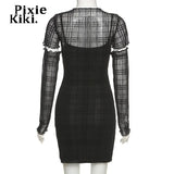 Black Mesh Plaid Dress 3 Piece Set Dark Academia Mall Goth Sexy Bodycon Mini Dress Egirl Style Clothes