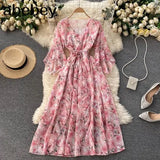 Women Chiffon Floral Dress Korean V Neck Short Sleeve Belt A-line Dress Summer Boho Print Ruffles Beach Midi