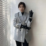 Women Woolen Double Breasted Blazer New Notched Long Sleeve Loose Fit Jacket Fashion Tide Autumn Winter 2022