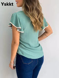 Yskkt Women's Fashion Ruffled Short Sleeves Chiffon Tops Casual Slim Fit Shirts Blouse Blusas Mujer De Moda 2020