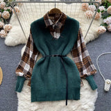 2022 Winter Casual Sweater Sets Loose Long Knit Tank Top+Spliced Plaid Blouse Women Retro OL Knitted Two Pieces