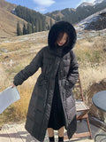 Women 90% White Duck Down Coat Long Fur Hooded Rhombus Pattern Parka Argyle Long Plaid Bubble Jacket Snow