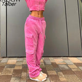 Pink Cargo Pants Y2k Cute Velvet Autumn Winter High Waist Sweatpants Baggy Pocket Casual Pants Women Jogging