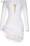 Elegant Women Bandage Dress Sexy Feathers Long Sleeve Bodycon Clothing Club Party Evening Mini