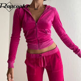 Velvet Solid Jackets Aesthetic Pockets Hooded Coat Long Sleeve Slim Cropped Outwear Autumn Winter Women Outerwear