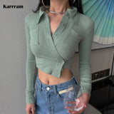 Korean Style Sexy Slim Mint Green Shirt Women Ribbed Irregular Crop Top Autumn Fashion Designer Clothes Ladies