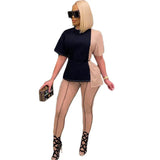 Piece Set Women Casual Outfits Short Sleeve Patchwork Top and Mesh Leggings Office Lady Streetwear Wholesale