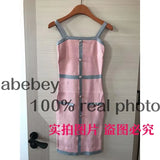Color Striped Tight Stretchy Knit Tank Dress Single Breasted Buttons Ladies Party Sexy Body-con Step Knit