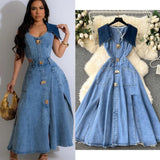 Large-Cuffless Vest Dress Women's Heart-Cuffed Long Retro Denim Dress