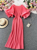 Casual Round Neck Flare Short Sleeve Pleated Long Dress Vintage High Waist Ruffles Female Vestidos New Fashion Robe Mujer