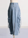 Toloer Feng Shui Wash Long Skirt Autumn 2024 New Multi-Pocket Decoration High Waist Show Skinny Denim Skirt Women-Outfit