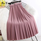 High Waist Skirts Womens Belt Fashion Metallic Party Midi Pleated Long Skirt Black Pink Casual Korean Falda Mujer