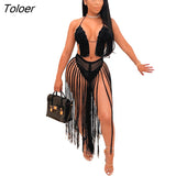 Summer Knit Hollow Out Bra Skirt Set Two Piece Set Beach Tassel Swimwear Summer Outfits Holidays Sexy Bodycon