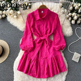 2022 Autumn New Lace Embroidery Dress Women Lantern Sleeves Dresses Female Vintage Party Beach Mini Short
