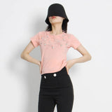 Patchwork Feathers T Shirt For Women Loose Diamonds O Neck Short Sleeve Skinny Tees Tops Female 2022 Summer