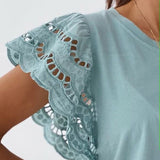 Stitching Short Sleeve T-shirts Summer O-Neck Solid Color White Hollow Out Casual T shirt Women New Splicing Tops