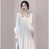 party dress gift Spring Autumn White Square Collar Puff Sleeve Ladies Dress 2022 New OL Style Long Sleeve High Waist Women Dresses For
