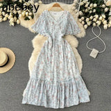 Women Summer Pleated Print Dress 2022 Vacation Ruffle Floarl Gentle Short Sleeves Ladies Slim A Line Long Dresses