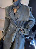 Fashion Women's Denim Jackets Loose Big Double Layer Collar Single Breasted Long Sleeve Sashes Coat Winter 2023 New