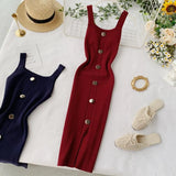 2020 Summer Pink/Red/White/Black Women Knitted Dress Vintage High Waist Button Single-breasted Slim Casual Dress For Female