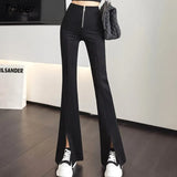 Split Zipper Buttons Women Trousers Korean Fashion Casual Office Lady Black Flare Pants Female High Waist Long Pants
