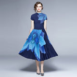 Fashion Women Skirt Suit 2022 Summer Printed Short Sleeve Stretch Pullover Top + High Waist Pleated Midi Skirt Two-Piece