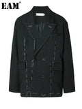 Women Black Topstitched Big Size Blazer New Lapel Long Sleeve Loose Fit Jacket Fashion Tide Spring Autumn 2023