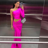 Toloer Women's New Fashion Sexy Inclined Shoulder Single Sleeve Fold Open Waist Slit In The Long Women's Dress-Outfit