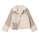 Winter Warm Lamb Wool Coat Women Turn-down Collar Fashion Casual Patchwork Ladies Pocket Short Teddy Jacket Outwear