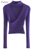 MODA Women Sexy Fashion Green Purple Hollow Out Crop Knit Sweater Vintage High Neck Long Sleeve Female Pullovers Chic