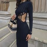 Round Collar Hollow Out Midi Dress Women Long Sleeve High Waist Pleated Dress Sexy Elegant Fashion Black Female