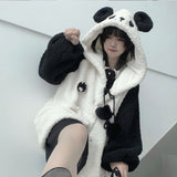 Autumn Winter Kawaii Hoodies Women Japanese Soft Girl Lambswool Cute Panda Ear Oversized Hoodie Preppy Style Button