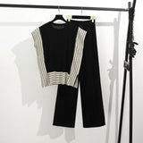 Simple Splicing Loose Short-Sleeved Knitting Top High Waist Thin Leg Pants Two