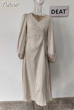 Elegant Women's Dress New Fashion V-neck Beading Waist Three-quater Sleeve Mid-calf Dresses Female Autumn 2023