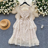 High-End Heavy Industry Nail Drill Three-Dimensional Flower Square Collar Horn Sleeves To Close The Waist Hollow Lace Dress