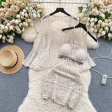 Wearing A Holiday Style Suit Female Retro Hook Hanging Neck Vest + Hollow Open Shirt + Half-Dress Three-Piece
